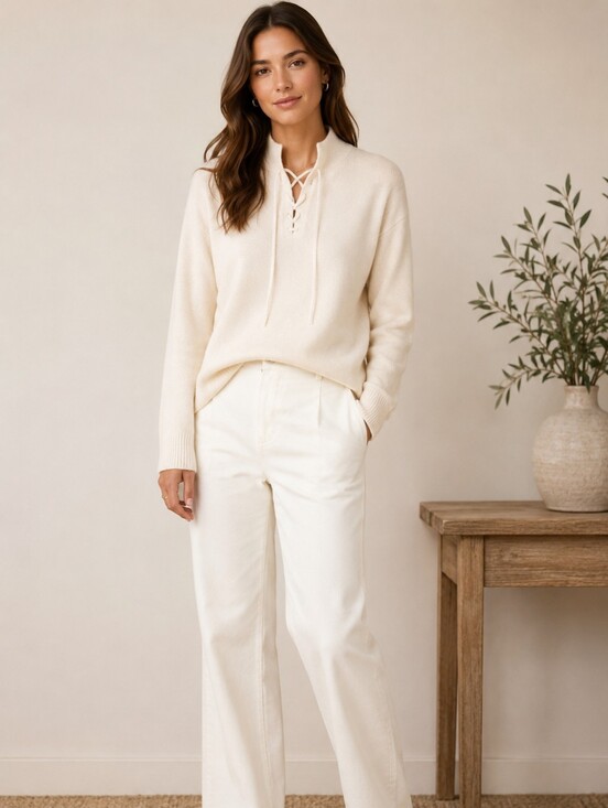 Theory Sweaters - Theory Ivory Cashmere Lace Up Mock Neck Sweater Womens Size Medium